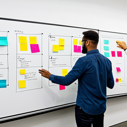 A professional product designer, fully clothed in modest business casual attire, engaged in a dynamic design thinking session. The designer is standing by a large digital whiteboard, gesturing towards a collaborative display of colorful sticky notes, user journey maps, and preliminary sketches. Around them, a diverse team of professional colleagues are actively participating, discussing concepts in a bright, modern, and spacious innovation lab. The scene conveys a sense of creativity and collaboration. Perfect anatomy, correct proportions, natural pose, well-formed hands, proper finger count, natural body proportions. safe for work, appropriate content, fully clothed, professional, modest.