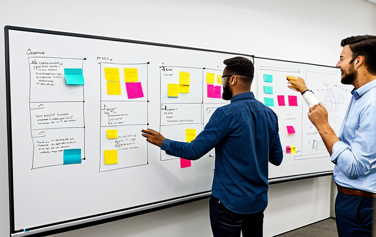 A professional product designer, fully clothed in modest business casual attire, engaged in a dynamic design thinking session. The designer is standing by a large digital whiteboard, gesturing towards a collaborative display of colorful sticky notes, user journey maps, and preliminary sketches. Around them, a diverse team of professional colleagues are actively participating, discussing concepts in a bright, modern, and spacious innovation lab. The scene conveys a sense of creativity and collaboration. Perfect anatomy, correct proportions, natural pose, well-formed hands, proper finger count, natural body proportions. safe for work, appropriate content, fully clothed, professional, modest.
